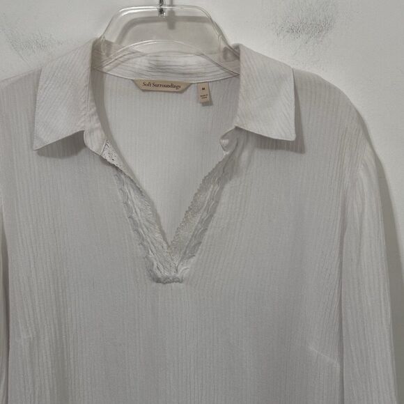 Soft Surroundings Tunic Top M 2FD53 White Long Sleeve V Neck Beachy Semi Sheer - Picture 3 of 10